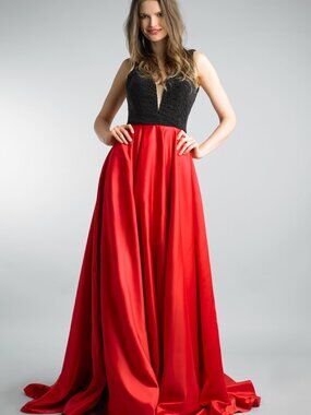 D8526L Beaded V Neck Gown - Black Red